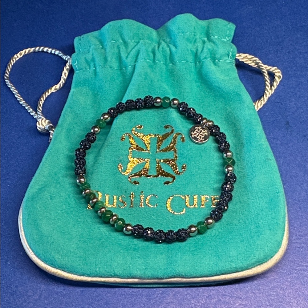 Rustic Cuff 7” navy blue, green, and silver bracelet with velvet bag. NWT